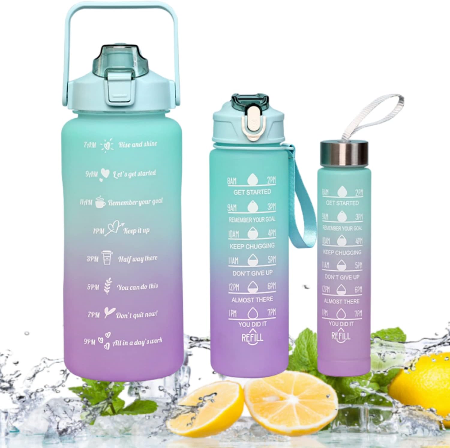 Water Bottles Set of 3, 2000ml+900ml+500ml BPA Free Motivational Sports Water Bottle with Time Capacity Marker Water Bottle for School